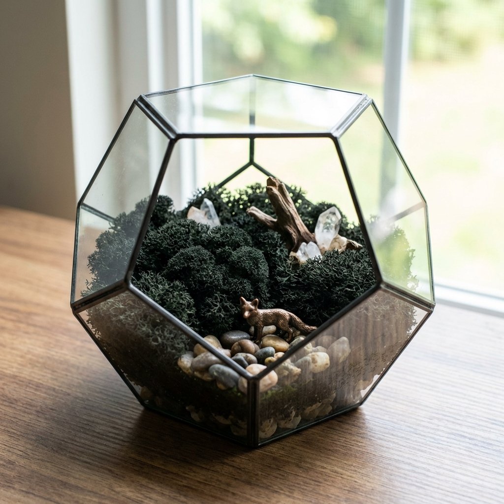 Kara yosunlu teraryum tasarımı - geometrik cam kap içinde korunmuş yosun düzenlemesi