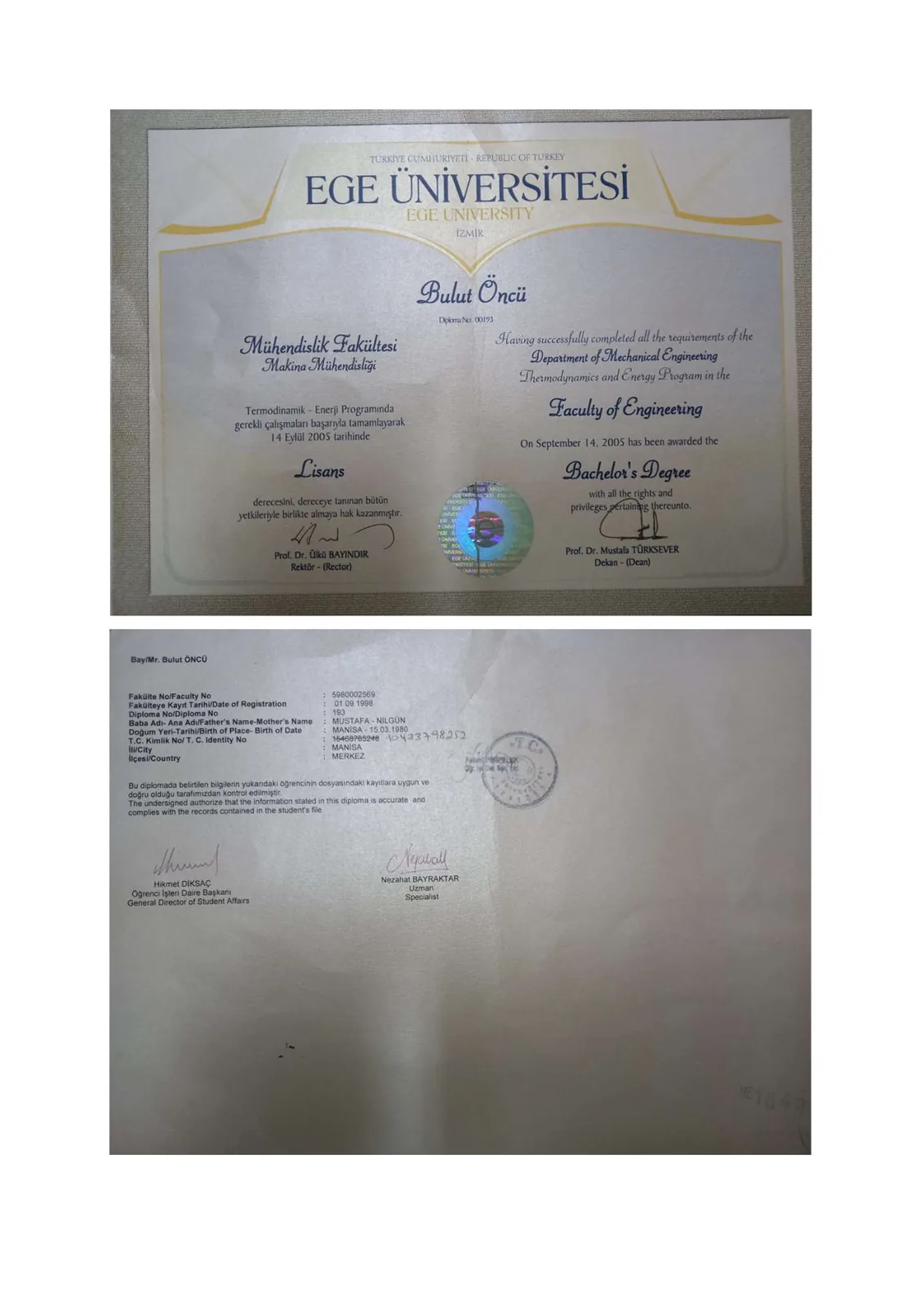 Lisans Diploması — Makina Mühendisliği sertifikası — Ege Üniversitesi