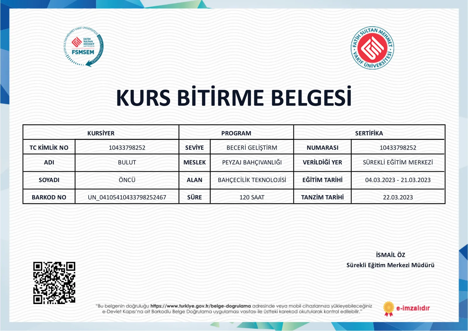 Mesleki Eğitim Belgesi sertifikası — Resmi Mesleki Yeterlilik
