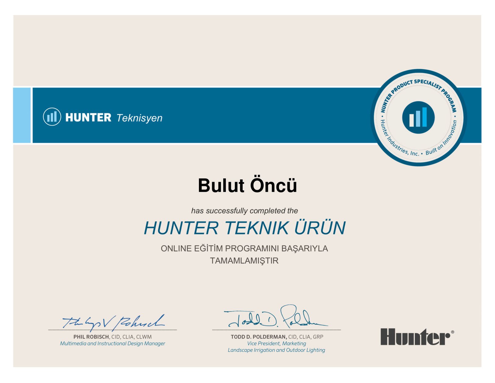Hunter Product Specialist Program sertifikası — Hunter Industries