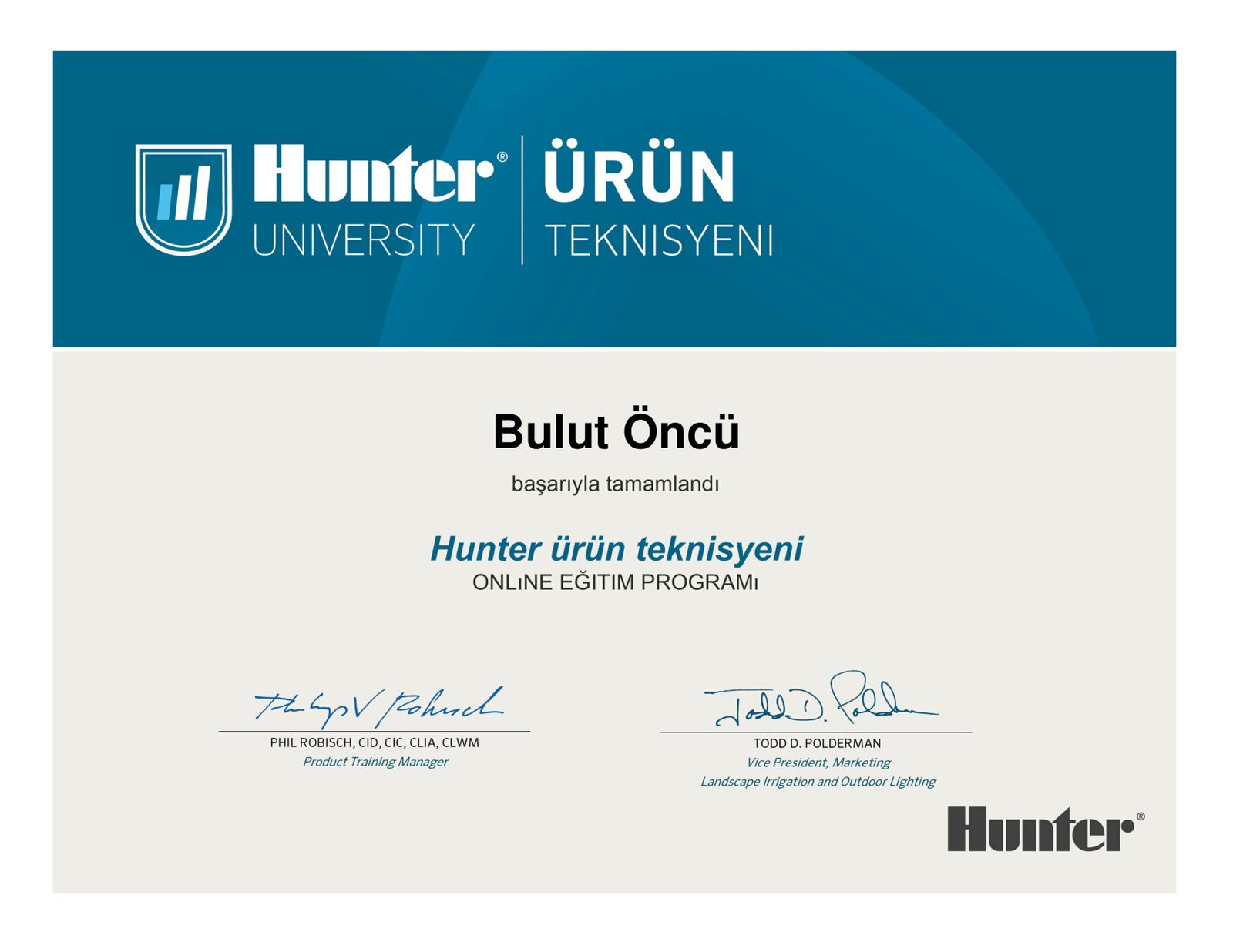 Hunter University — Teknisyen Sertifikası sertifikası — Hunter Industries