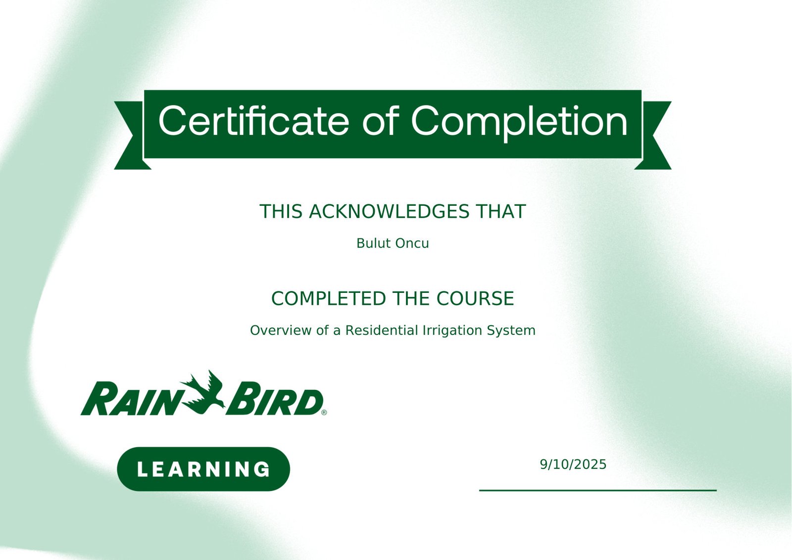 Rain Bird Irrigation Learning Course sertifikası — Rain Bird Learning Center